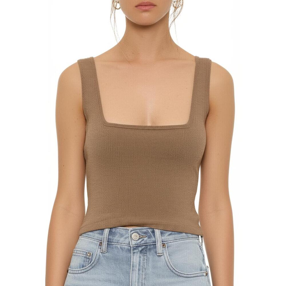Abercrombie & Fitch Soft AF Brown Tan Ribbed Square Neck Crop Top Tank Top Sz M